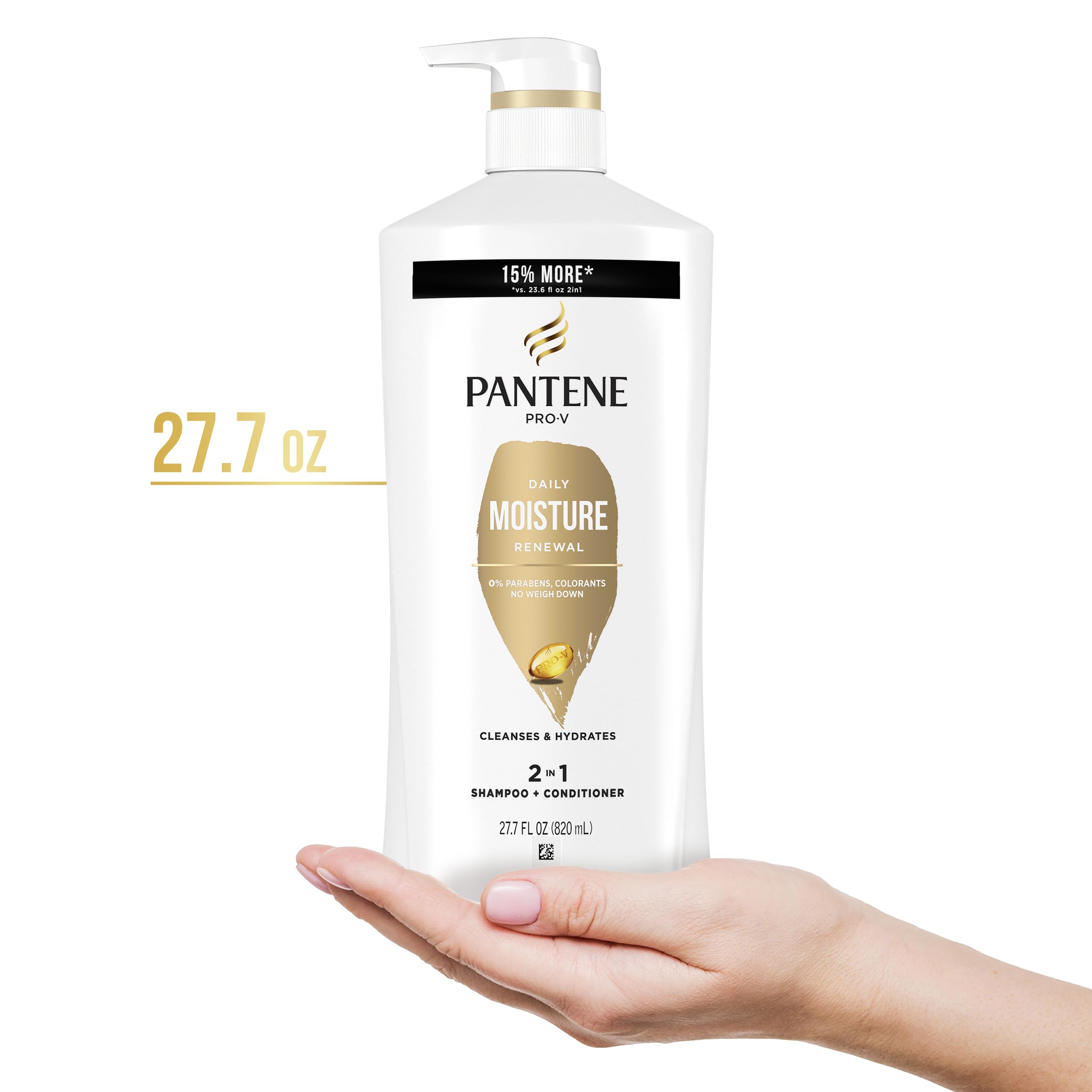 Pantene 2-in-1 Shampoo & Conditioner, Daily Moisture Renewal - Pro-V Nutrients for Dry, Color-Treated, Straight to Curly Hair, 72-Hour Hydration & Softness, 27.7 Oz Each, 2-Pack + Rescue Shot (0.5 Oz)
