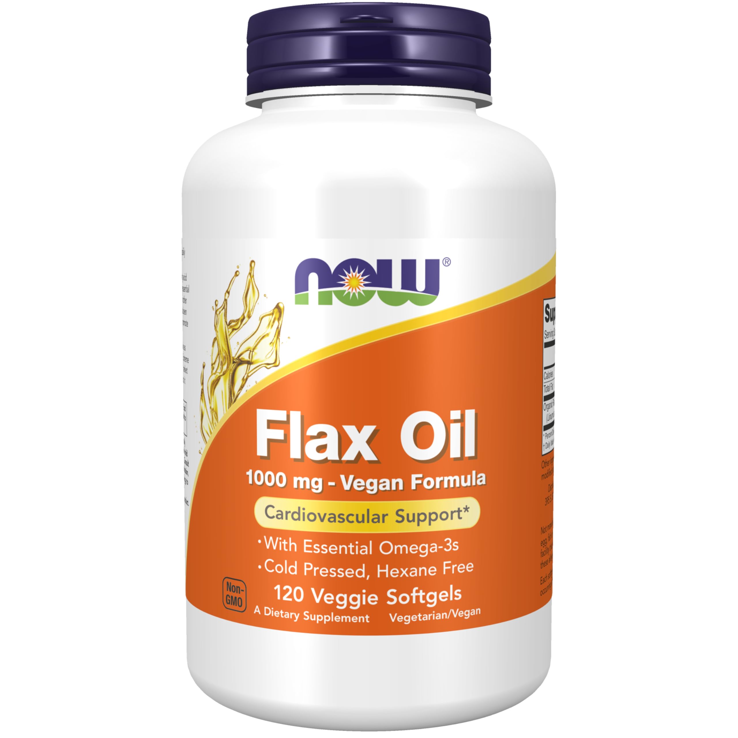 NOW Foods Supplements, Flax Oil 1000 mg with Essential Omega-3s, Cold Pressed, Hexane Free, Vegan Formula, 120 Veg Softgels