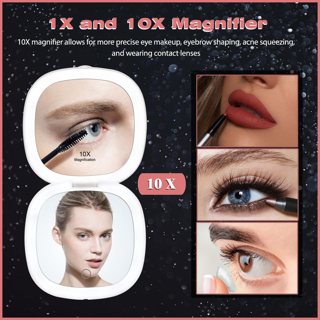 WUSHXI Portable LED Makeup Mirror - Compact Travel Mirror with Light, 10X Magnification, Adjustable Brightness, Rechargeable, for Her, Travel Accessories for Women, Ideal for Purse