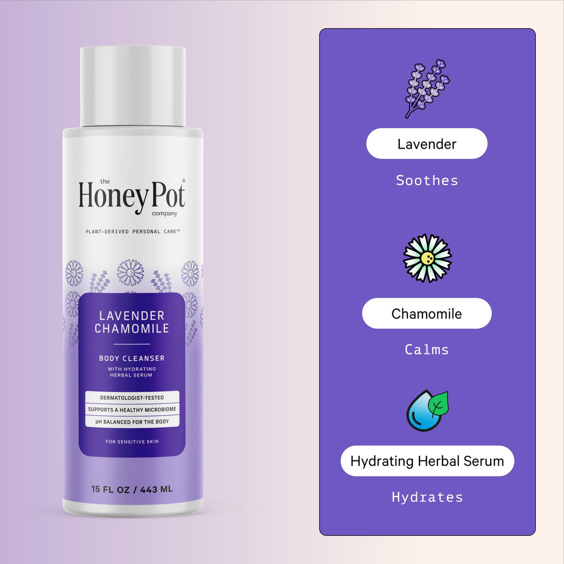 The Honey Pot Company - Body Wash for Women - Lavender Chamomile Hydrating Body Cleanser - Moisturize & Cleanse Skin - Free of Parabens & Sulfates - 15 Fl. Oz
