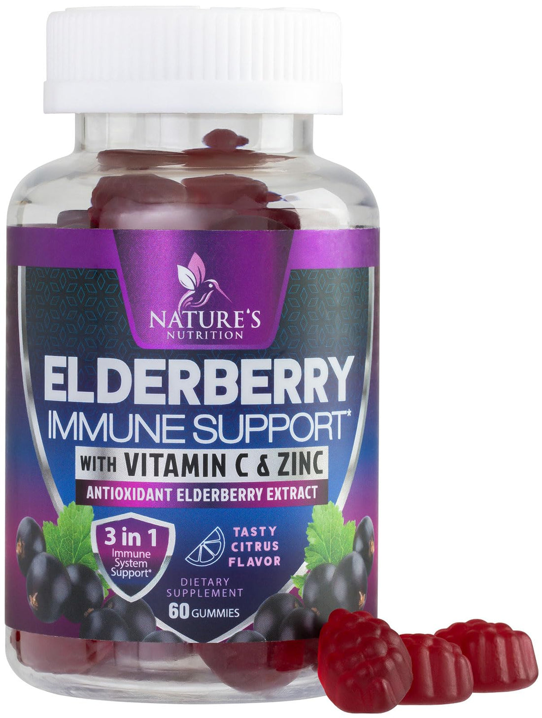Immune Support Gummies - Powerful Sambucus Elderberry Gummies with Elderberry Extract, Zinc & Vitamin C Gummy, Max Potency Natural Vegan Immune Support Supplement for Adults & Children - 60 Gummies