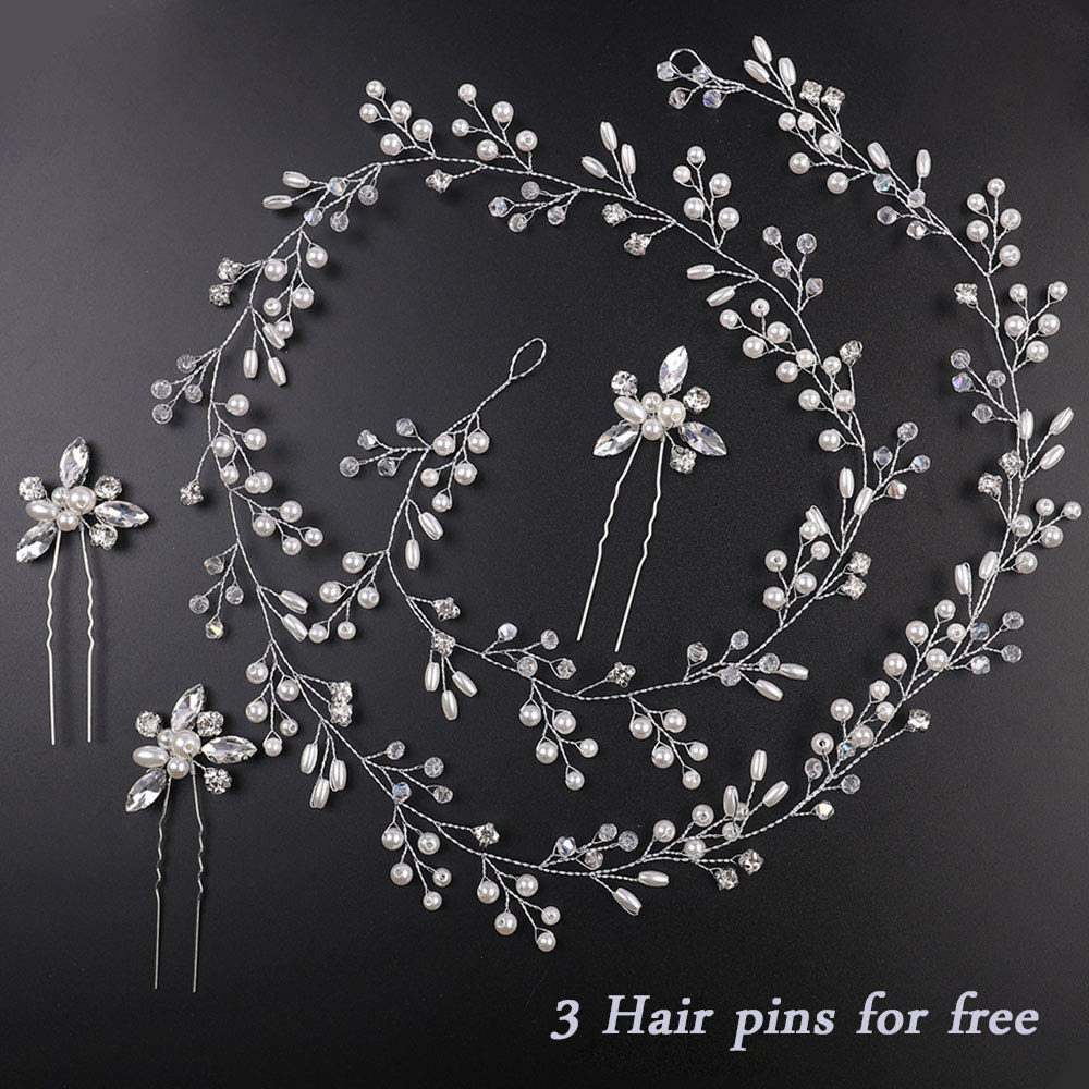 Deniferymakeup Bridal Rose Gold and Gold Silver Extra Long Pearl and Crystal Beads Bridal Hair Vine Wedding Head Piece Bridal Hair Accessories Headband Hair Jewelry Hair Accessories (Silver)