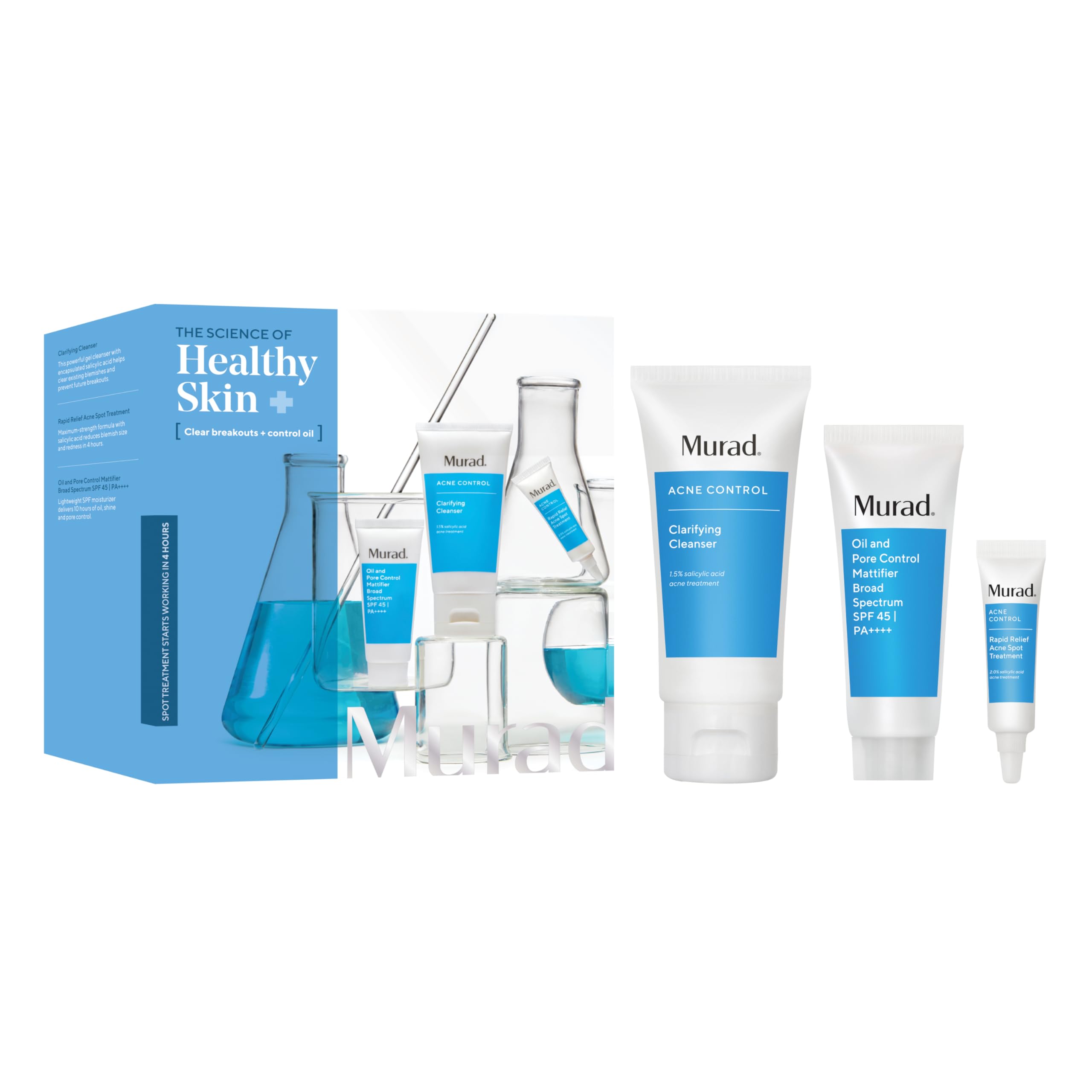 Murad Acne Trial Kit - Clear Breakouts + Control Oil 3-Piece Trial Kit ($50 Value) - Clarifying Cleanser 2Fl Oz, Rapid Relief Acne Treatment 0.25Fl Oz, Oil & Pore Mattifer SPF 45 0.8Fl Oz