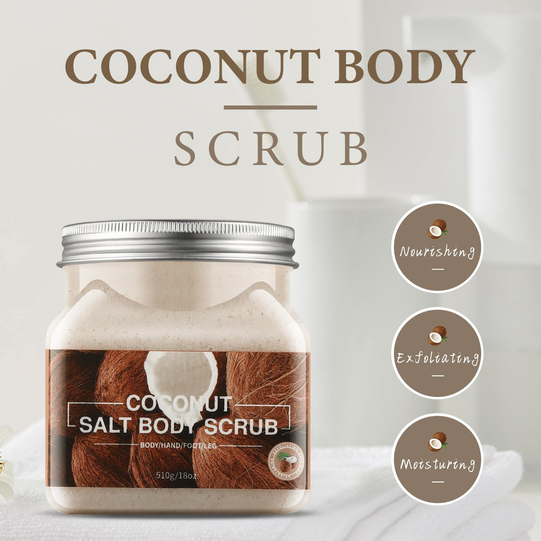 Coconut Salt Body Scrub for Women & Men (18 Oz), Exfoliating Scrub for Face, Body, Hand, Foot, Leg, Bath Scrubs Coconut Body Wash Scrub for Skincare Christmas Gifts