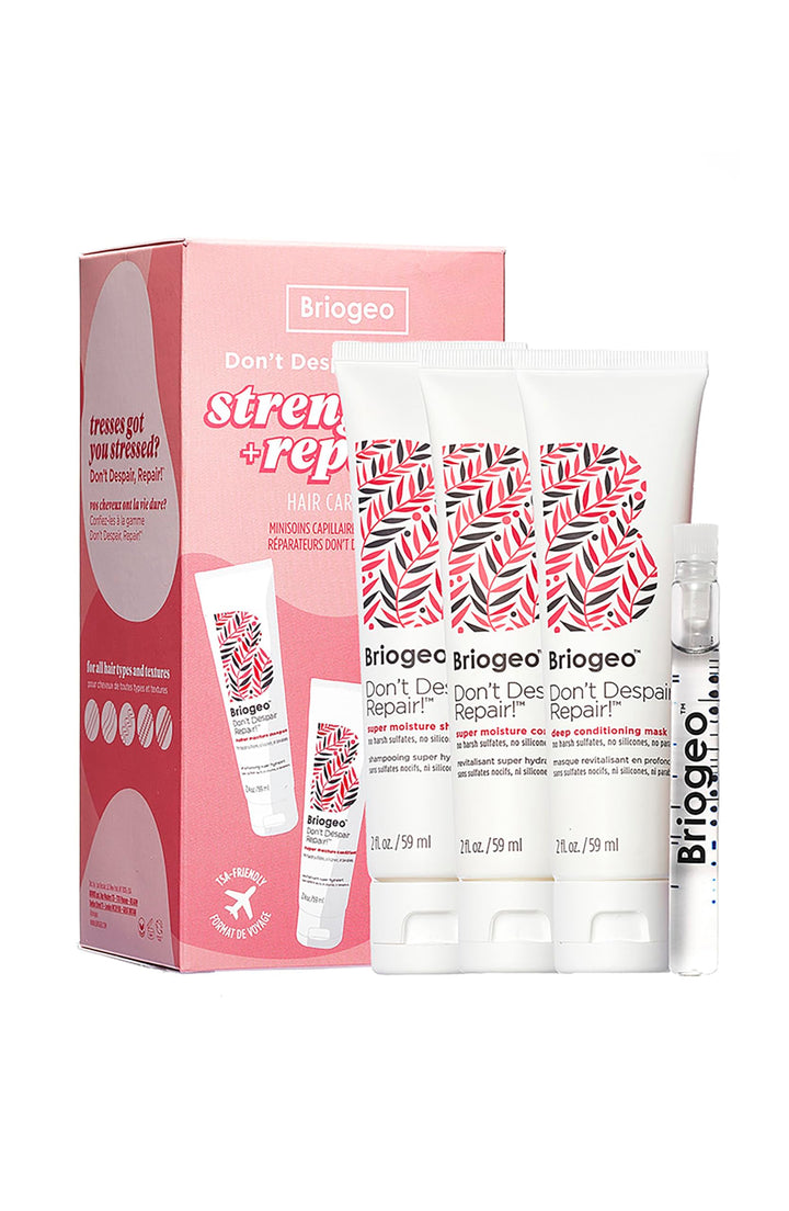 Briogeo Don't Despair, Repair! Strenthen + Repair Minis Kit, Repairs Dry, Damaged or Color Treated Hair,Travel Kit, Strengthens Hair, Hydrates Dry Hair, Vegan, Cruelty-Free, 4-Piece Set
