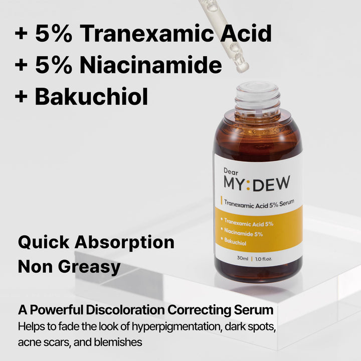 DearMYDEW 5% Tranexamic Acid Serum with 5% Niacinamide, Bakuchiol, Dark Spot Correcting Serum, Fade Discoloration, Hyperpigmentation, Acne Scars, Sun Spots, Blemish Remover, Korean Skincare,1Fl Oz