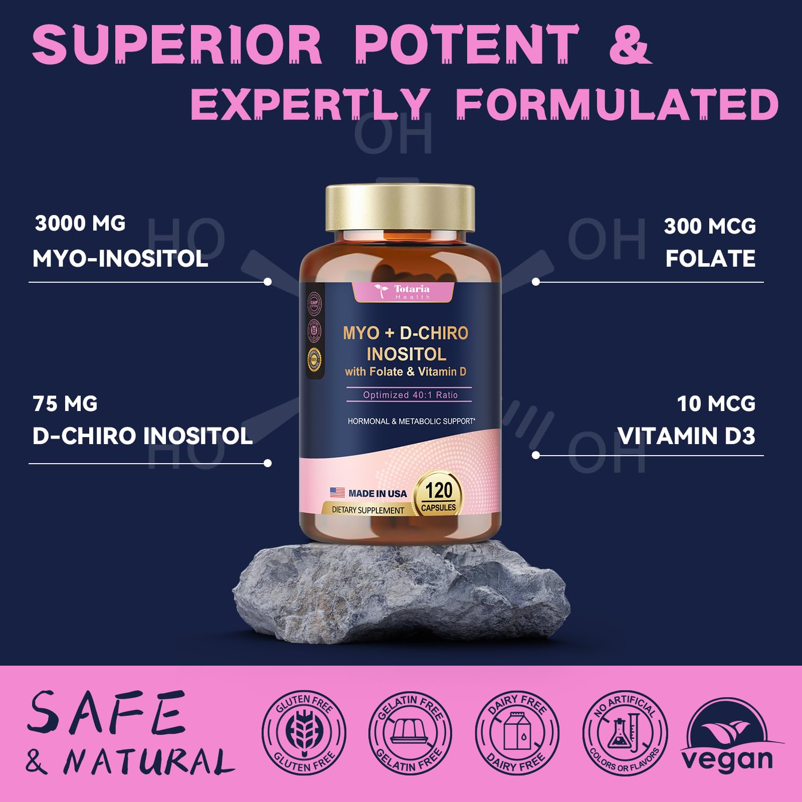 Totaria Inositol Supplement - Myo-Inositol & D-Chiro Inositol Capules Plus Vitamin D3, Folate, Ideal 40:1 Ratio - Hormonal Balance for Women & Ovarian* Support | Vegan, Non GMO - 120 Caps