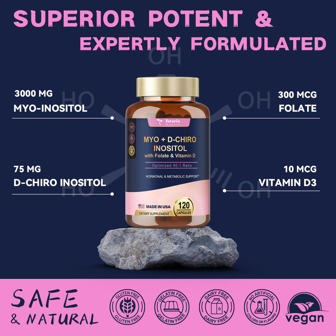 Totaria Inositol Supplement - Myo-Inositol & D-Chiro Inositol Capules Plus Vitamin D3, Folate, Ideal 40:1 Ratio - Hormonal Balance for Women & Ovarian* Support | Vegan, Non GMO - 120 Caps