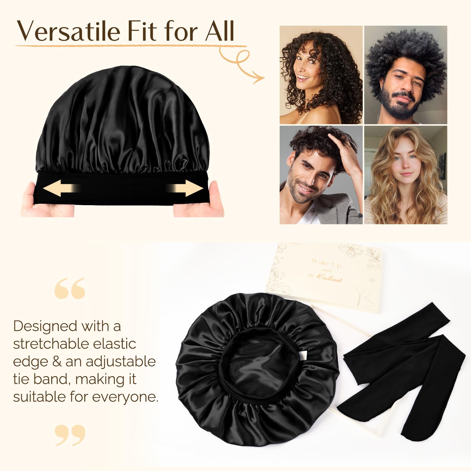 YANIBEST Silk Bonnet for Men, Satin Hair Bonnet for Sleeping, Double Layer Sleep Cap for Black Men & Women Curly Hair Braids, Black