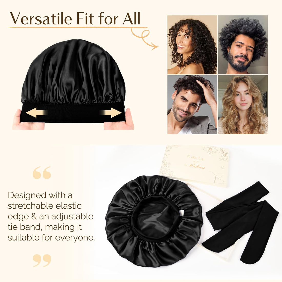 YANIBEST Silk Bonnet for Men, Satin Hair Bonnet for Sleeping, Double Layer Sleep Cap for Black Men & Women Curly Hair Braids, Black