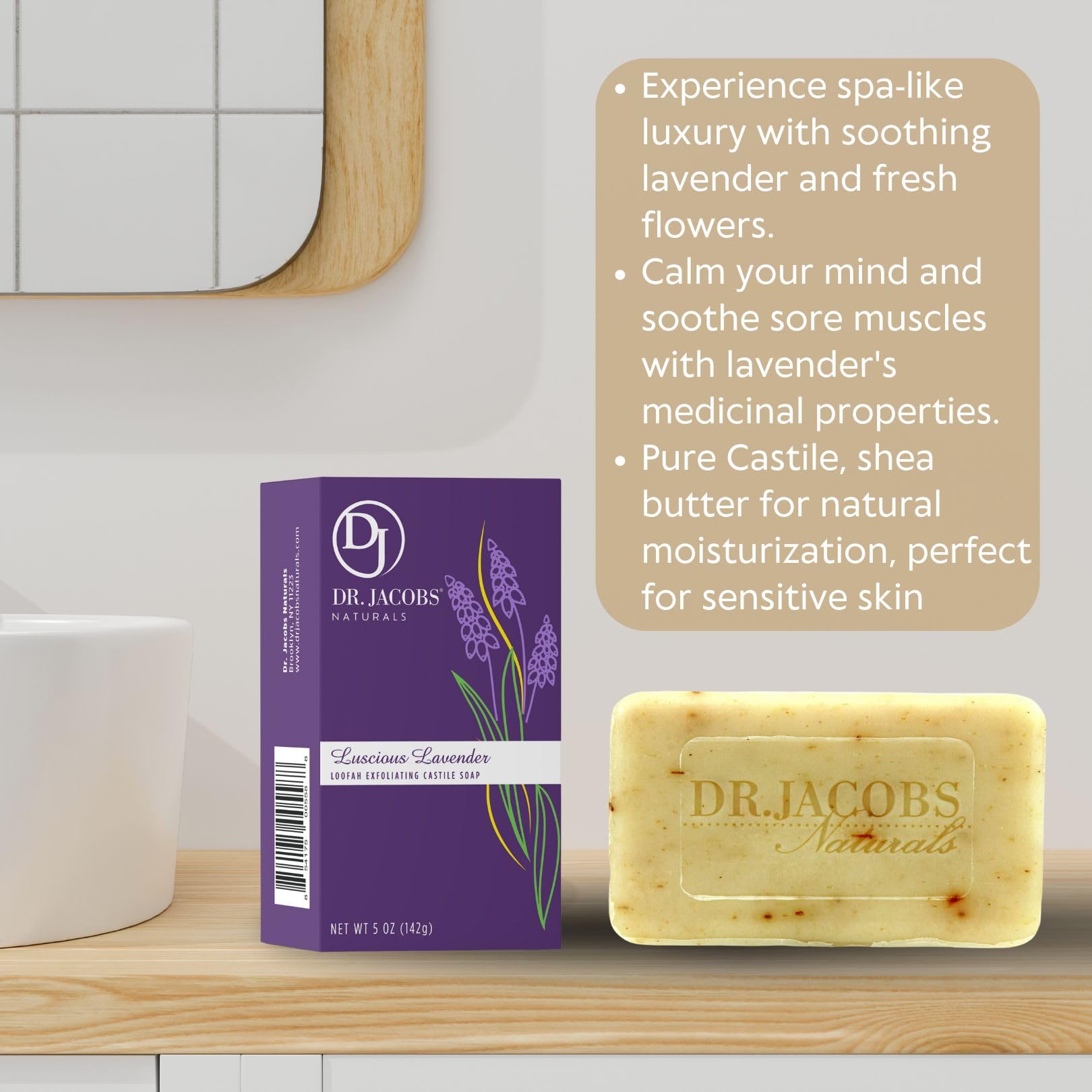 Dr Jacobs Naturals, Triple Milled Loofah Exfoliating Castile Bar Soap (Pack of 6) - Free of Parabens, Sulfates, Synthetics, Gltuen and GMO (Luscious Lavender)