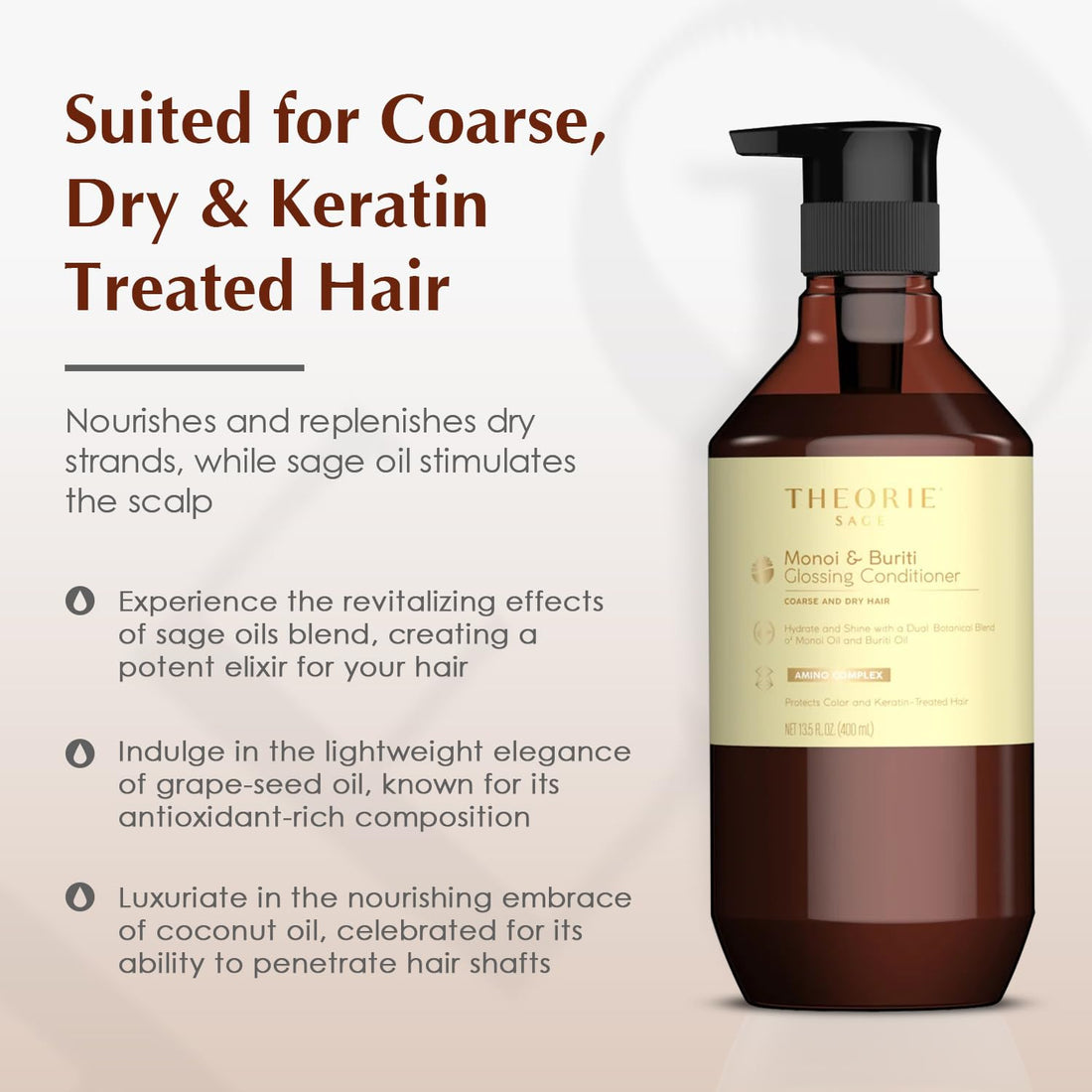 THEORIE Monoi and Buriti Glossing Conditioner - Hydrate & Shine - Suited for Coarse and Dry Hair - Protects Color & Keratin Treated Hair, Pump Bottle 400mL