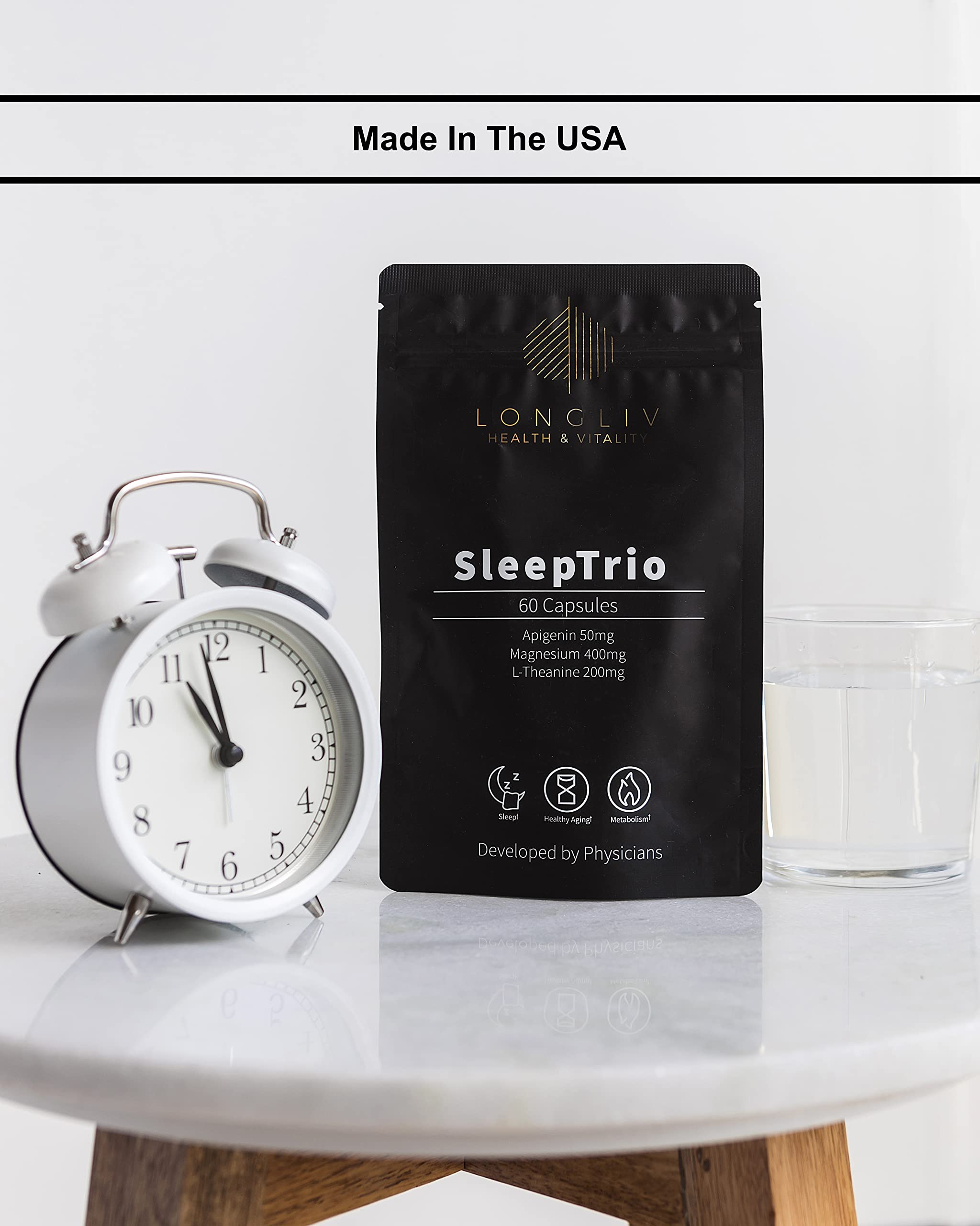 Sleep Trio - Made in USA Magnesium Apigenin L-Theanine Capsules – Premium 3-in-1 Cocktail for Sleep Management - Sleep Cocktail – Without Melatonin - 60 Capsules