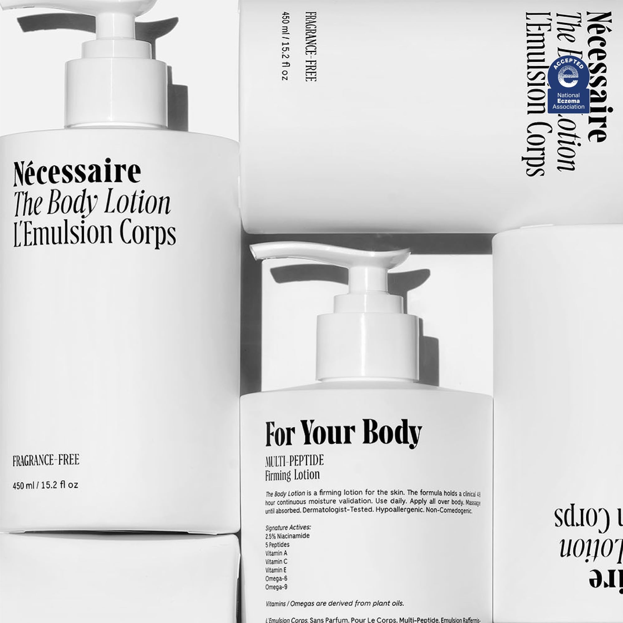 Nécessaire The Body Lotion with Pump. Fragrance-Free. Multi-Peptide Firming Lotion to Moisturize, Firm, Strengthen. 2.5% Niacinamide, Vitamin C/E + Omega 6/9. 450ml / 15.2 fl oz
