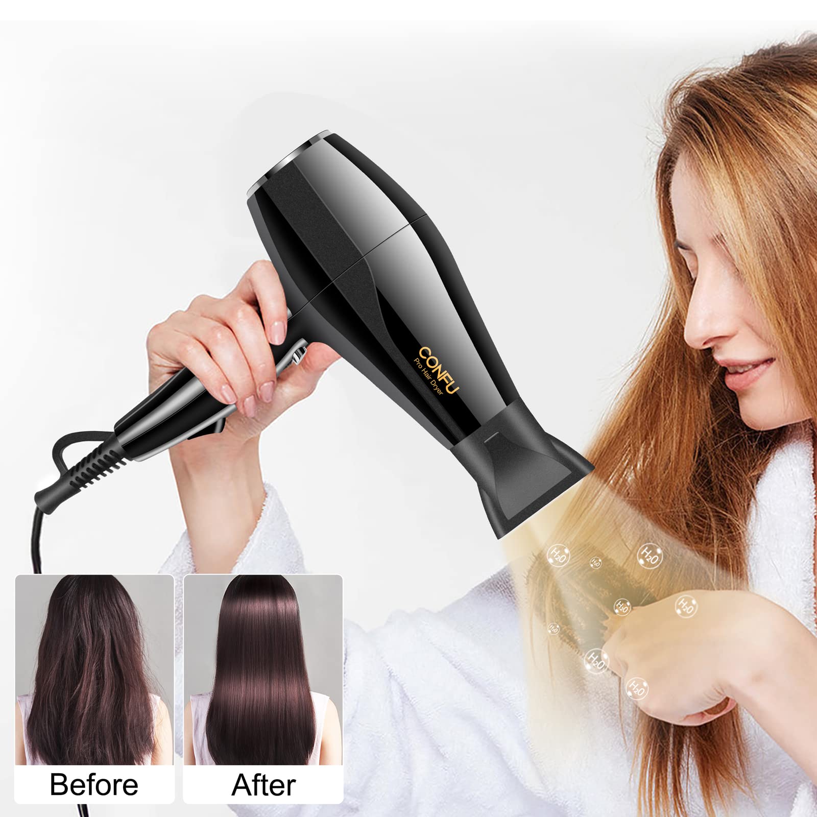 Professional Ionic Hair Dryer CONFU 1875W AC Motor Blow Dryer with Diffuser 2 Concentrators Fast Drying with 3 Heat 2 Speed Settings Cool Shot Button LED Night Light ETL Certified Black