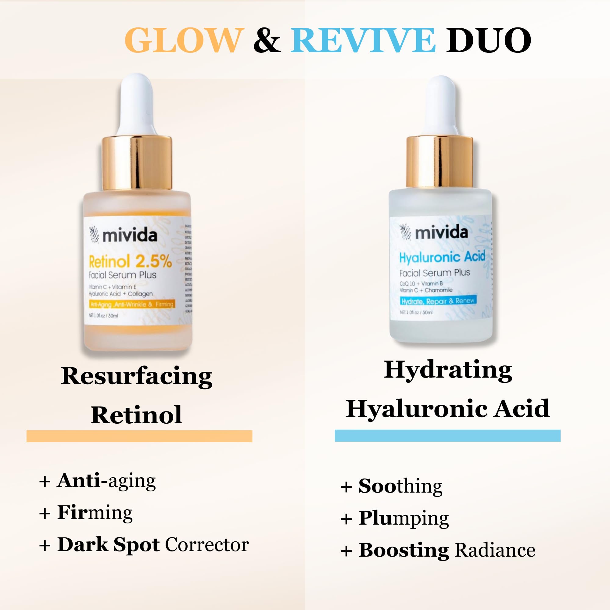 Anti-Aging Facial Serum Set of 2 | 2.5% Retinol Serum for Face + Hyaluronic-Acid face serum | Anti-Wrinkle, Lifting, Firming Serums 2X1 Fl Oz