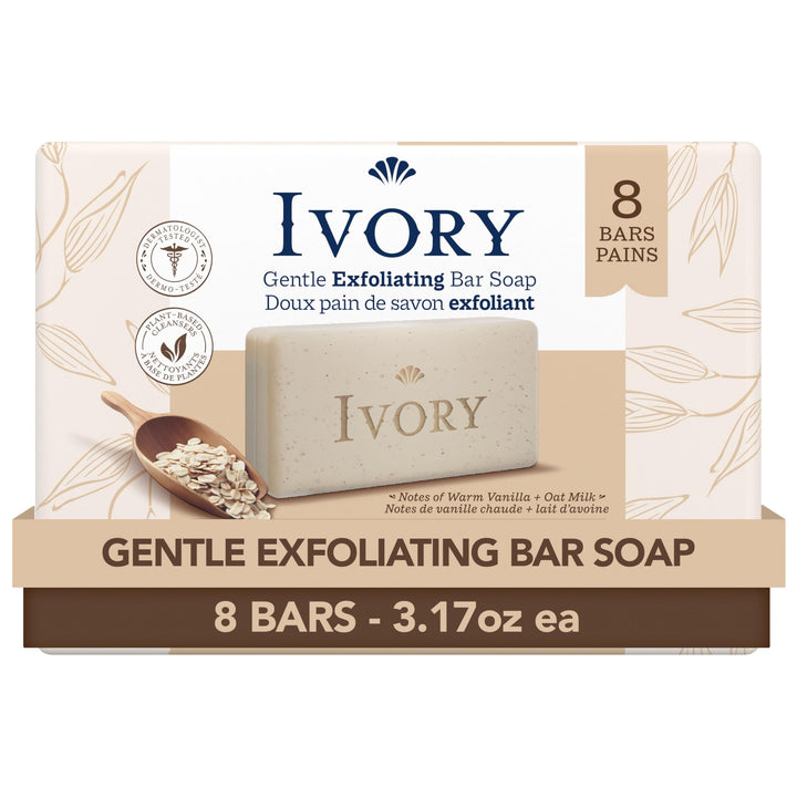 Ivory Exfoliating Bath Bar Soap, Designed for Whole Family with Plant-Based Cleansers, Made Without Heavy Perfumes, Parabens or Phthalates, Warm Vanilla + Oat Milk Scent, 3.17 oz (8 Count)