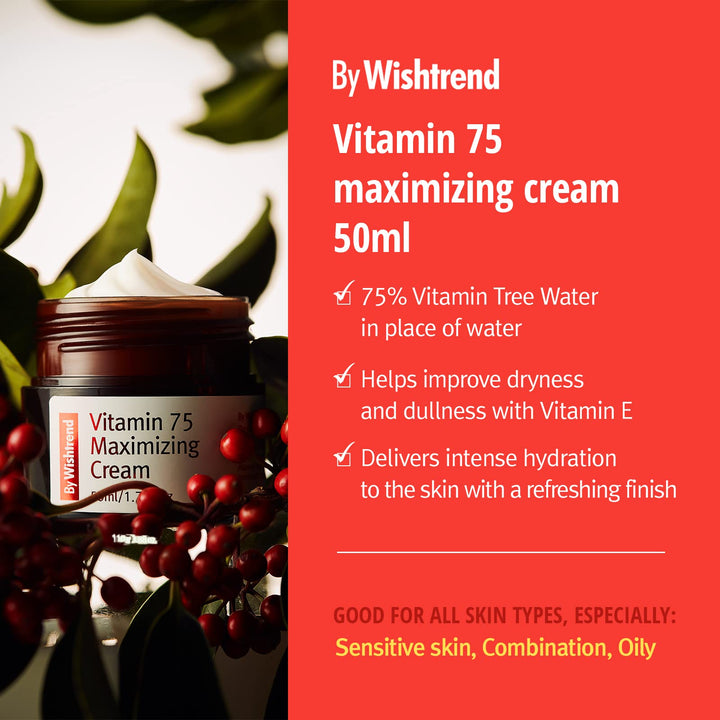 By Wishtrend Vitamin 75 Maximizing Cream - Hydrating & Brightening Moisturizer | 75% Vitamin Tree Water, Vitamin E | Deeply Moisturizes, Evens Skin Tone, Soothes Sensitive Skin | All Skin Types, 50g