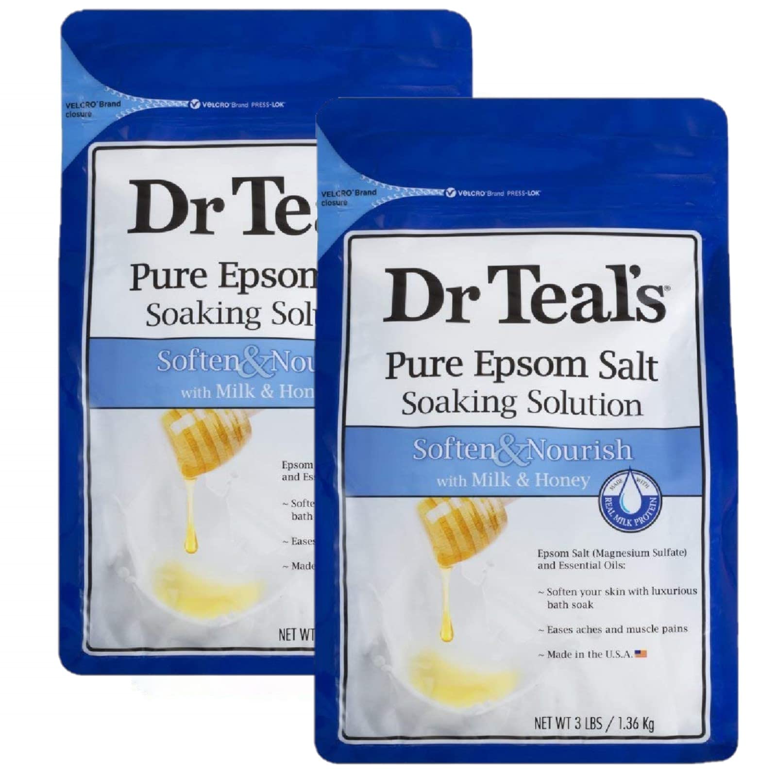 Dr. Teals Soften & Nourish with Milk & Honey Soaking Solution Gift Set (2 Pack, 3lbs ea.) - Pure Epsom Salt & Essential Oils Softens The Skin, Eases Aches & Muscle Pains - Relieve Stress at Home