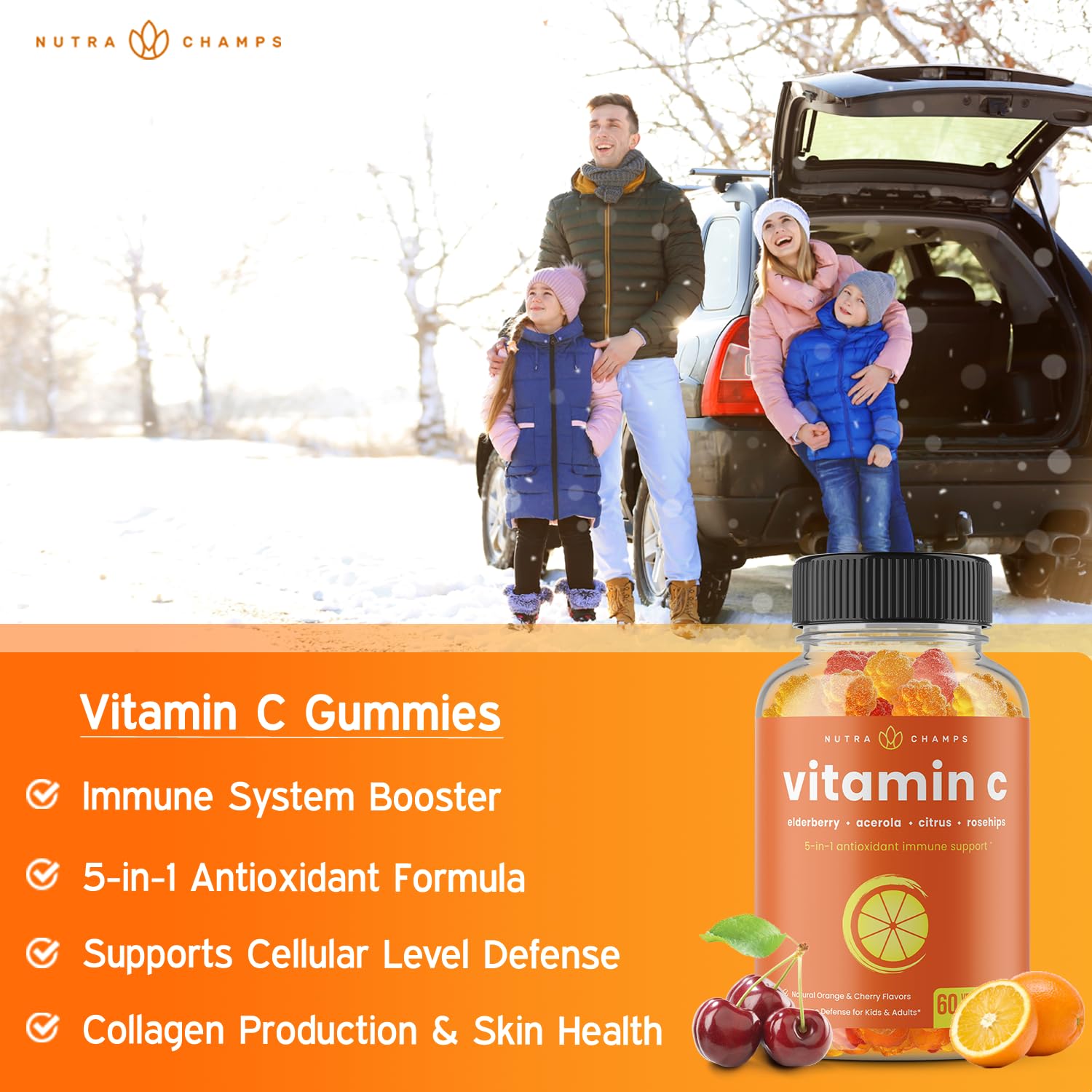 NutraChamps Vitamin C Gummies for Adults & Kids, 5-in-1 Immune System Support with Elderberry, Rosehips, Citrus Bioflavonoids & Acerola Cherry, Immunity Booster Supplement (Pack of 2)