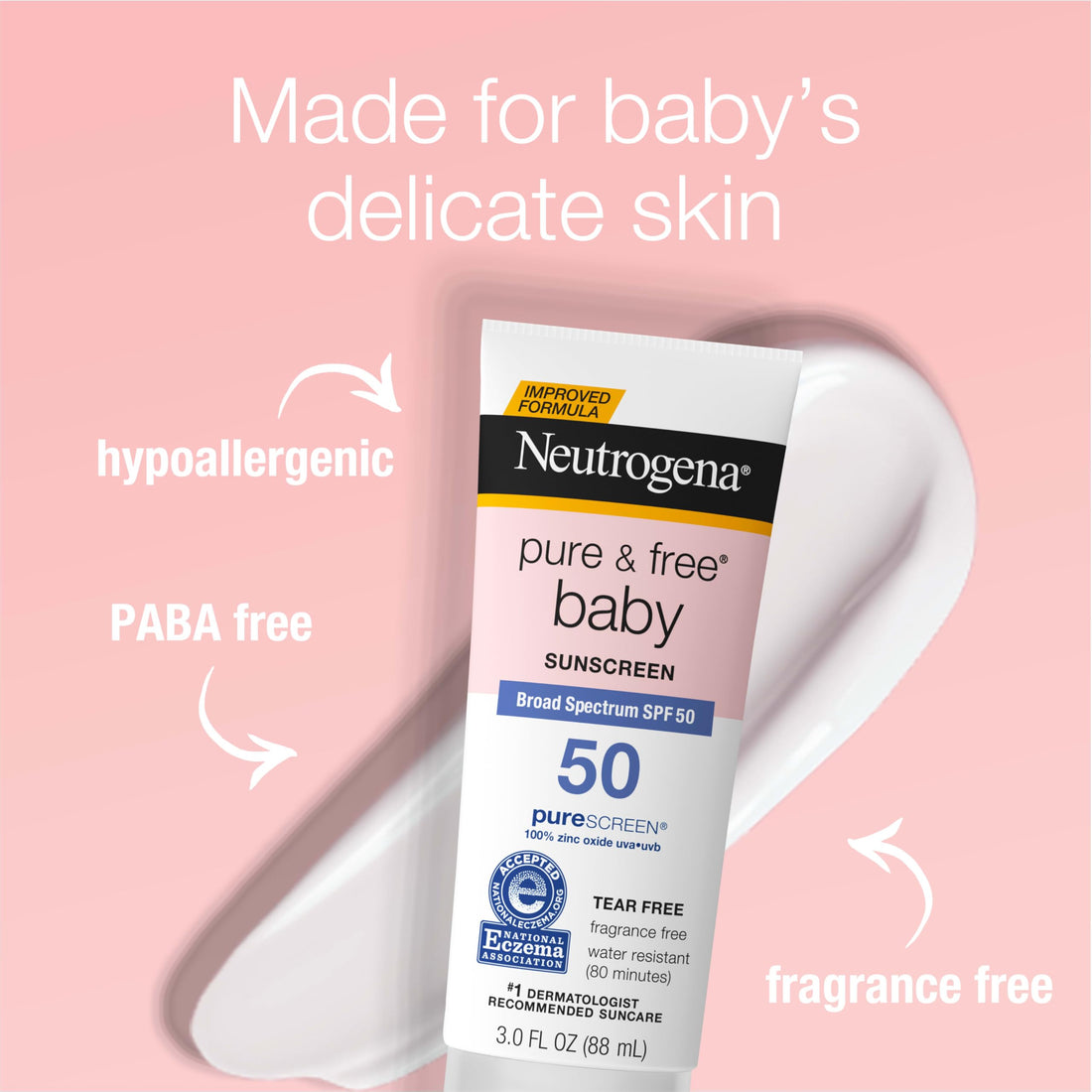 Neutrogena Pure & Free Baby Mineral Sunscreen Lotion with Broad Spectrum SPF 50 & Zinc Oxide, Water-Resistant, Hypoallergenic & Tear-Free Baby Sunscreen, Paraben-Free, Dye-Free, 3 fl. oz, 3 Pack