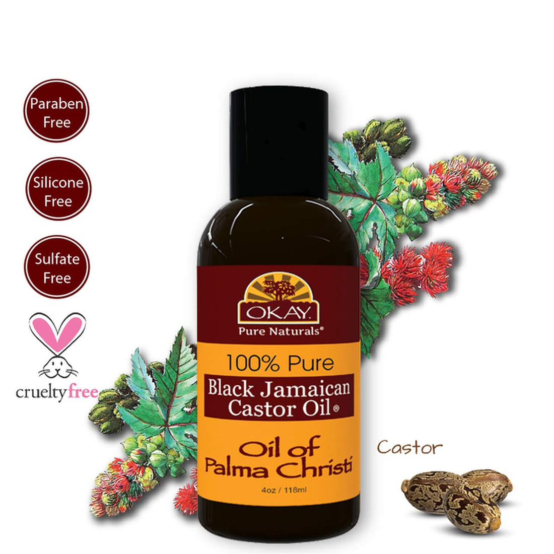 OKAY | 100% Pure Black Jamaican Castor Oil | For All Hair Textures & Skin Types | Grow Healthy Hair - Treat Skin Conditions | Oil of Palma Christi | All Natural | 4 Oz