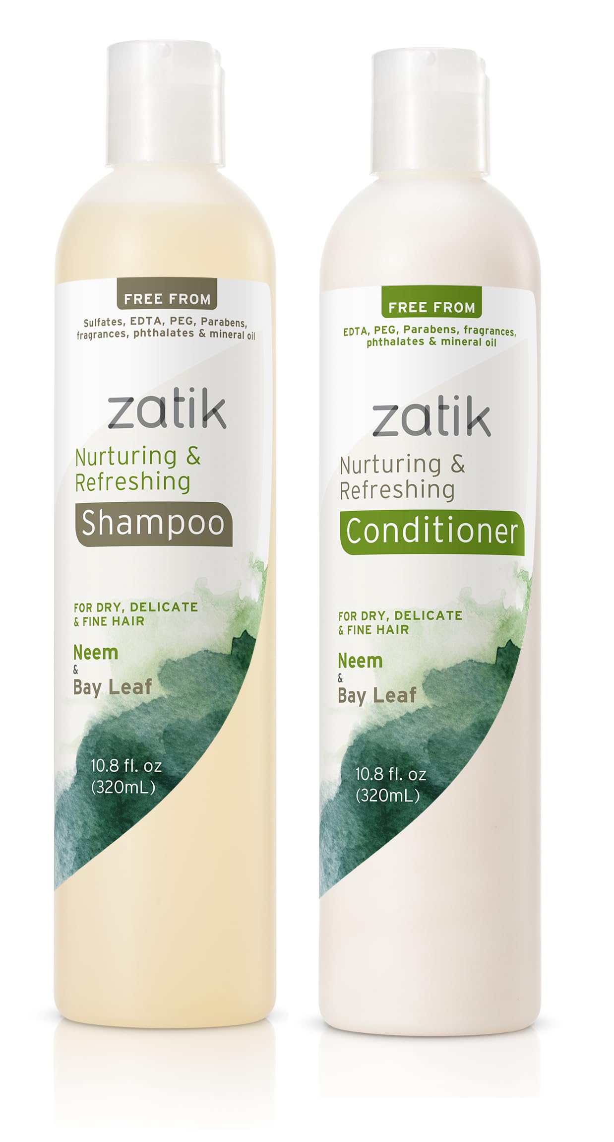 Zatik Naturals - Nurturing and Refreshing Shampoo + Conditioner Set, with Neem & Bay Leaf for Dry, Fine, Delicate Hair - Biodegradable, pH Balanced, Free From sulfates, phthalates. 10.8oz(One of Each)