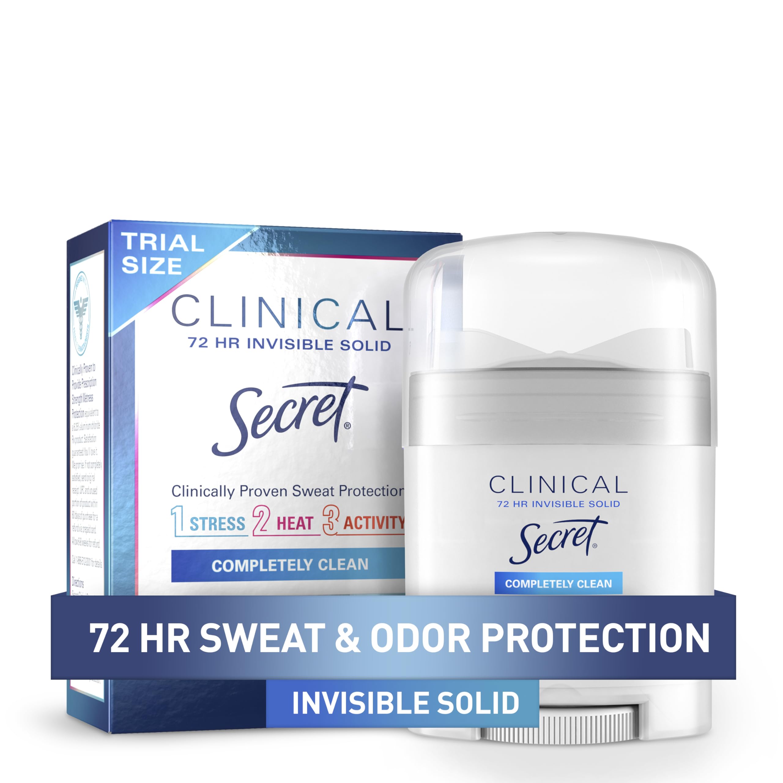 Secret Clinical Strength Antiperspirant Deodorant for Women, 3X Stress Protection, 72hr Sweat & Odor Protection, PH Balancing Minerals, Invisible Solid, Completely Clean Scent, 0.5 oz