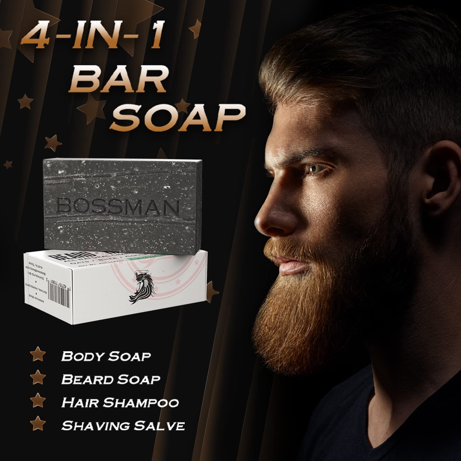 Bossman 4-in-1 Bar Soap for Men (4 oz) – All-Natural Beard Wash, Shampoo, Body Wash & Shaving Soap – Eucalyptus & Tea Tree Scent