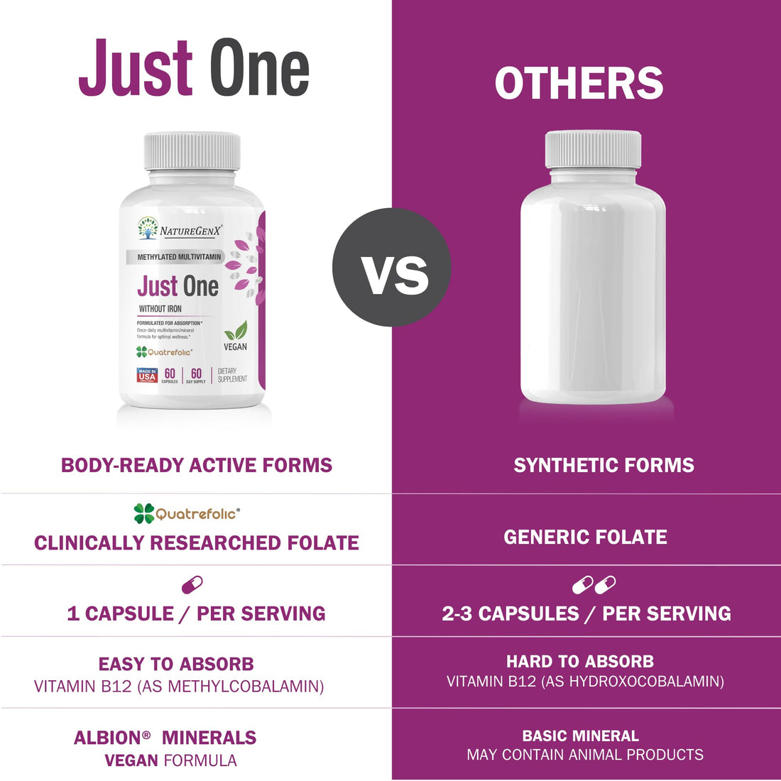 NatureGenX Just One Daily Methylated Multivitamin - 60 Caps Pure Methyl B12, Methylfolate MTHFR Support Supplement Iron Free Methylated Vitamins for Men & Women 2 Months Supply Gluten Free