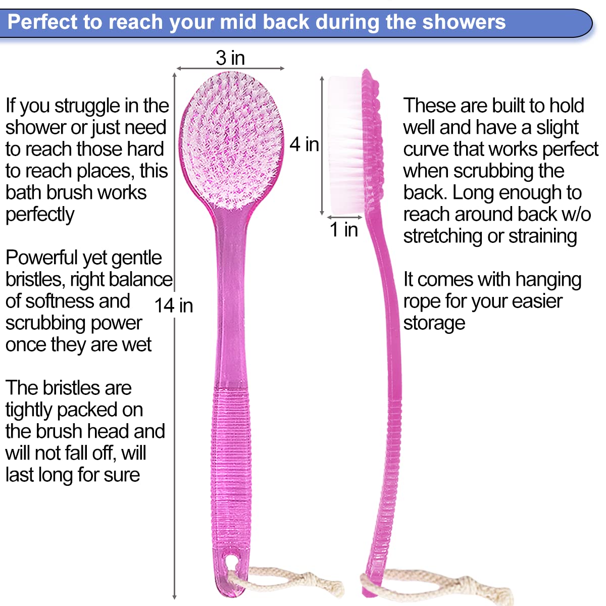 AMERWASH PLUS Bath Body Brush for Shower, 14 inches Long Handle, 2 Packs Bath Scrubber Skin Exfoliation Bath Shower Body Brushing