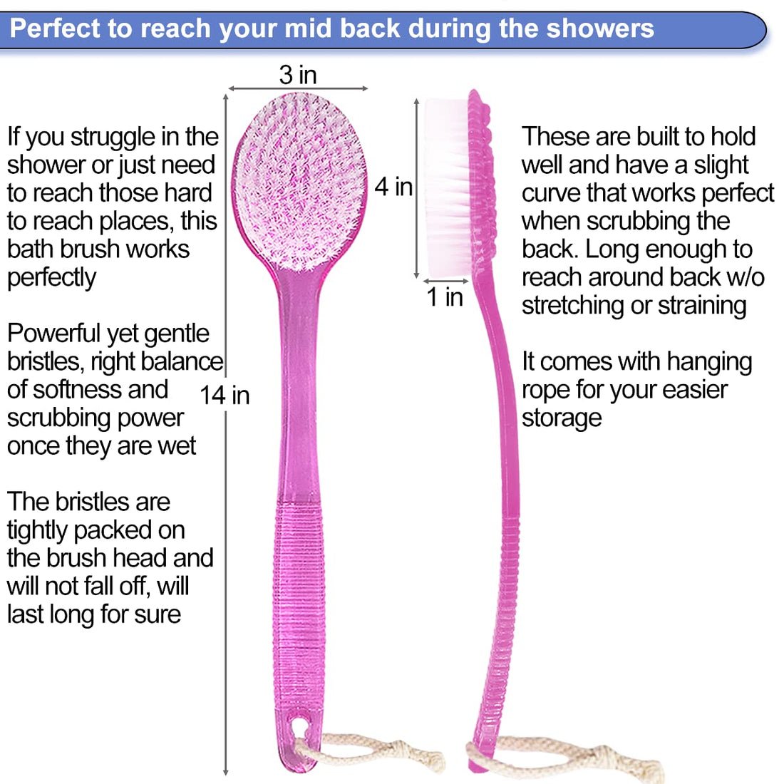 AMERWASH PLUS Bath Body Brush for Shower, 14 inches Long Handle, 2 Packs Bath Scrubber Skin Exfoliation Bath Shower Body Brushing