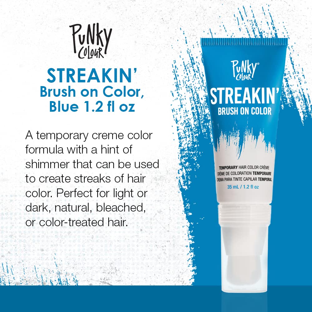 Punky Colour Streakin' Brush on Color Blue, Temporary Hair Color Creme, Instant, DIY Hairstyle, Vibrant, Soft Hold, Men Women Kids, Easy-Squeeze Tube, 1.2 fl oz
