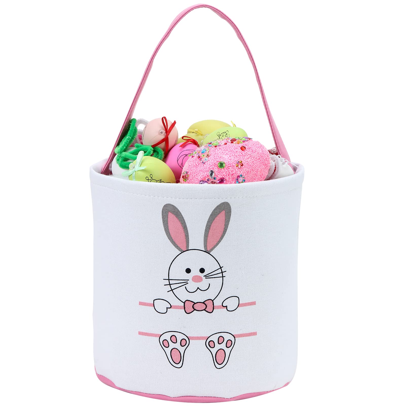 Easter Bunny Basket Egg Bags for Kids,Canvas Cotton Personalized Candy Egg Basket Rabbit Print Buckets with Fluffy Tail Gifts Bags for Easter……