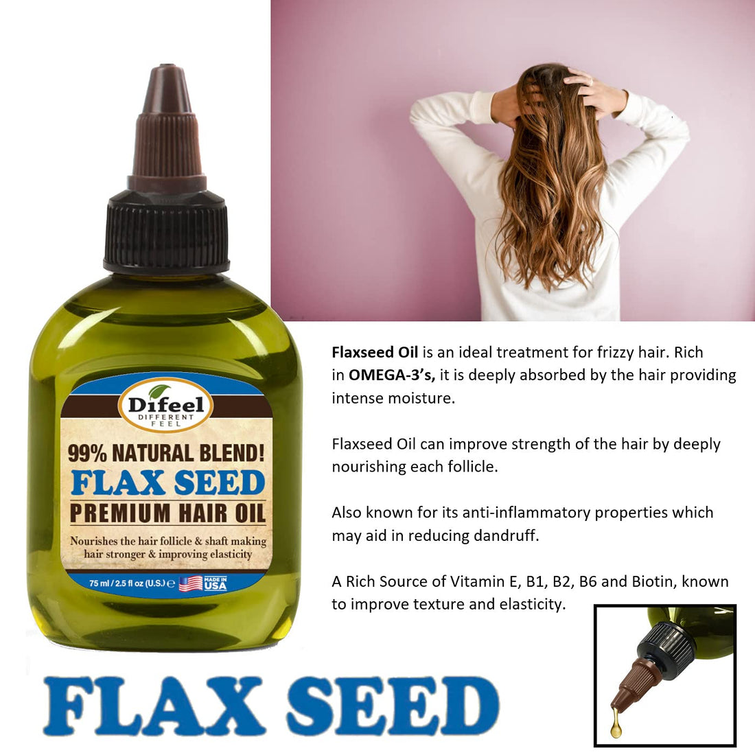 Difeel Premium Natural Hair Oil - Flax Seed Hair Oil 2.5 oz. - Strengthening & Moisturizing Hair Oil Treatment
