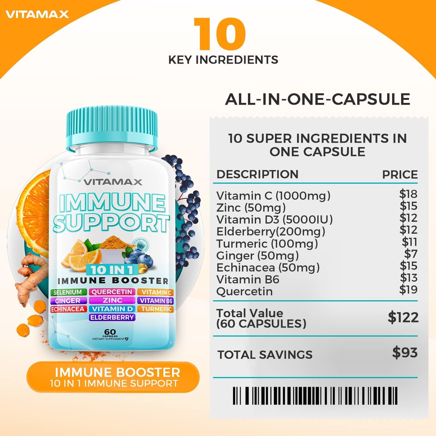 10-in-1 Immune System Support Booster with Elderberry, D3, Selenium, Quercetin, Zinc, Vitamin C, Ginger, Turmeric Curcumin, B6, Echinacea – Natural Immune Defense – Made in USA (60 Count (Pack of 1))
