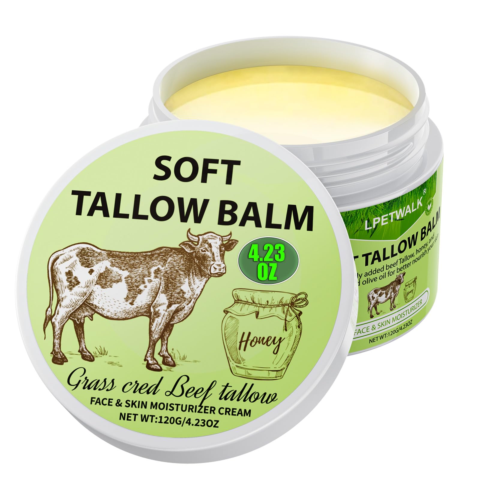 LPETWALK Beef Tallow for Skin - 4.2 oz Whipped Beef Tallow and Honey Balm -Grass-Fed Organic Tallow Face Cream -Natural Tallow Face Moisturizer - Moisturizer Body Skin Care for All Skin
