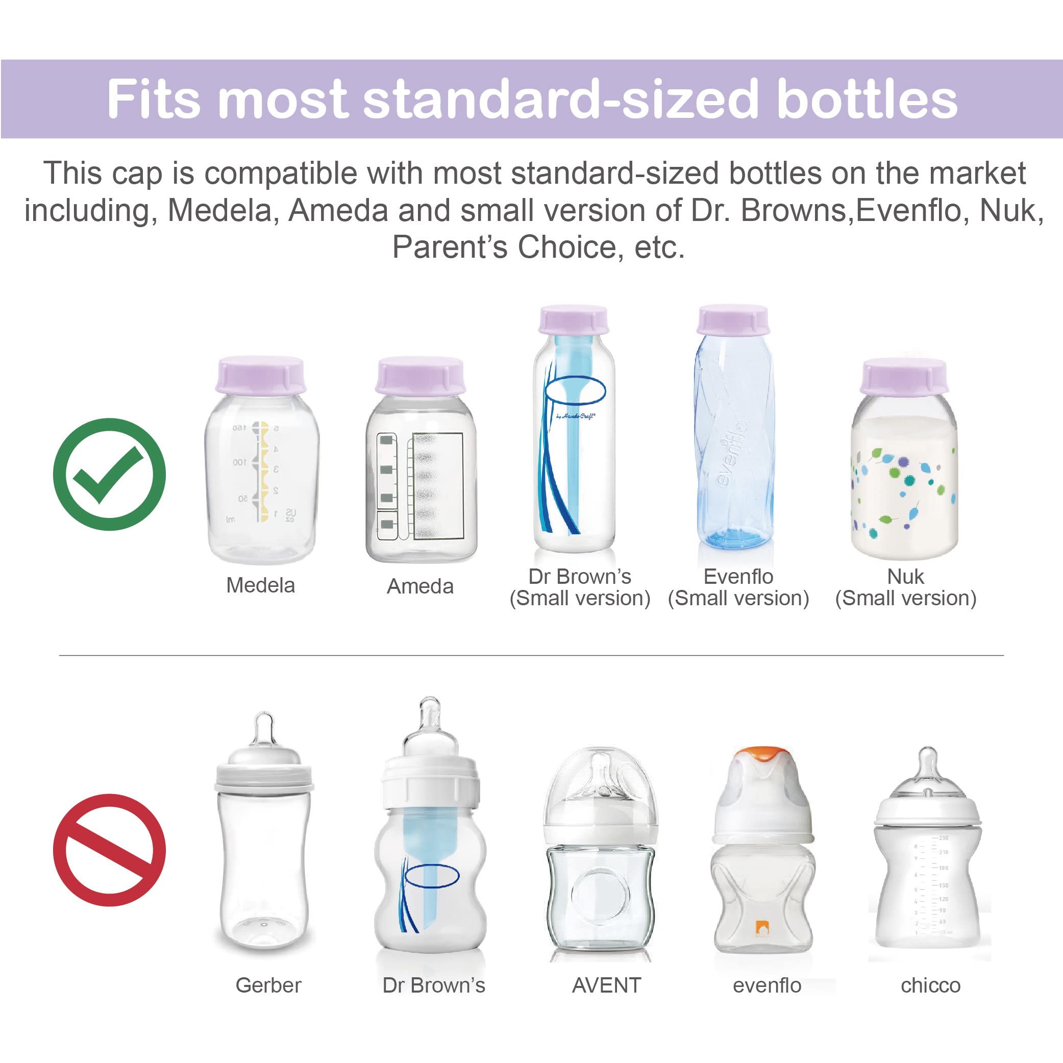 Maymom Solid Lids with Sealing Ring for Standard Sized Bottles; Bottles Lids Compatible with Medela Bottles, Ameda, and Small Sized Nuk, Playtex, Gerber Bottles; 8pc (Purple)