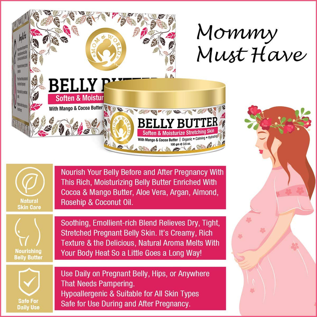 Mom & World Belly Butter - Body Butter with Mango & Cocoa Butter, 100gm - For Stretch Marks Tummy Butter