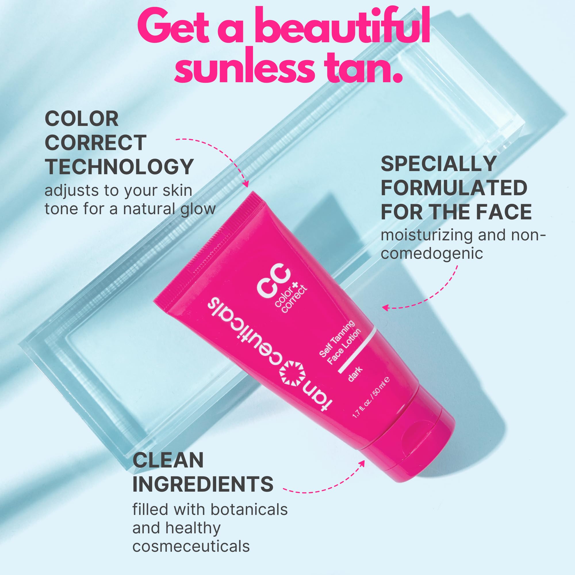 Tanceuticals Facial Self Tanner - Cc Self Tanning Lotion For Face Gives Natural, Long Lasting Sunless Tan - Fresh Coconut Scent - WonT Clog Pores Or Cause Acne - Easy To Apply - Dark Shade 1.7 Oz