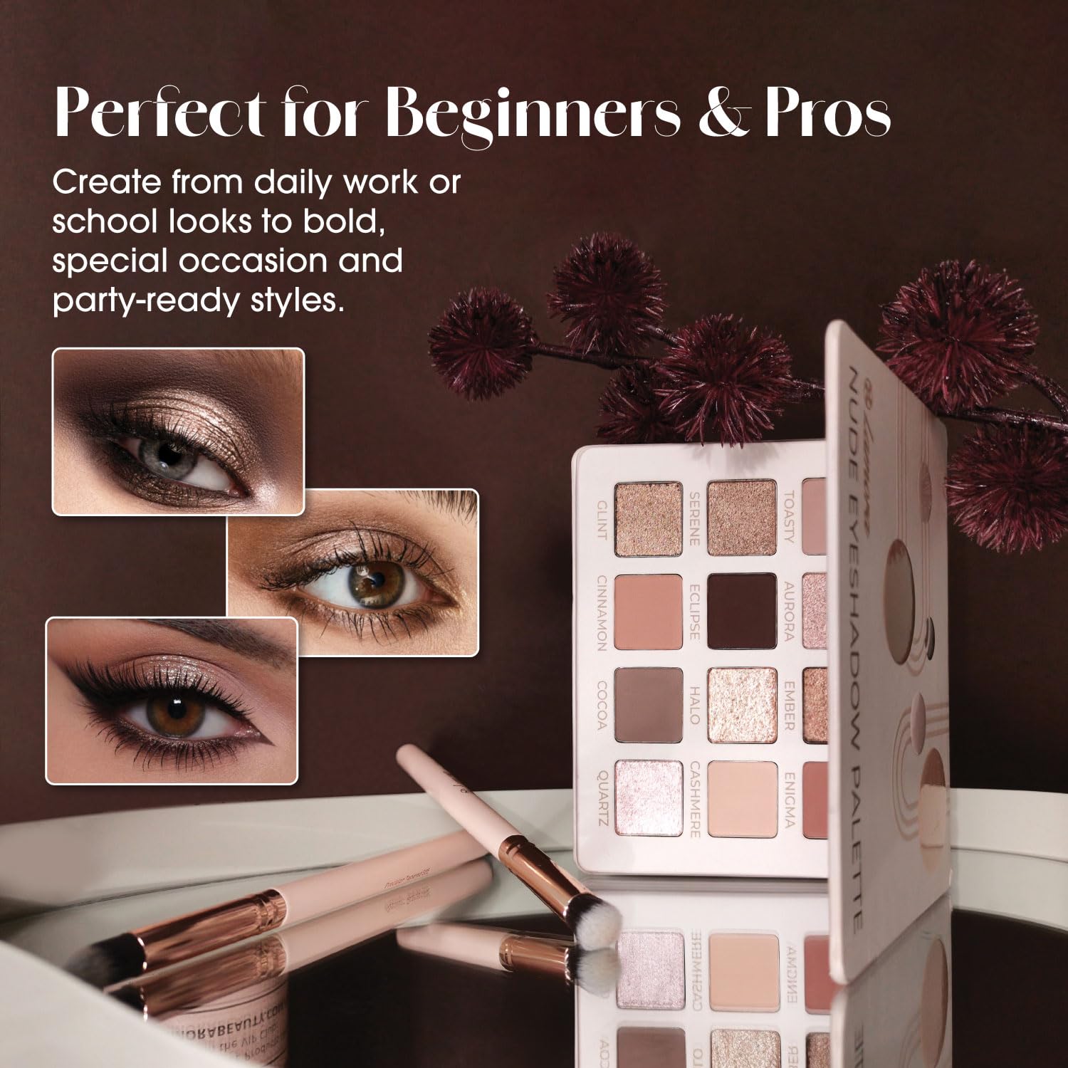 Lamora Nude Eyeshadow Palette Makeup - 12 Neutral Pigmented Matte & Shimmer Shades - Travel Size Eye Shadow With Mirror