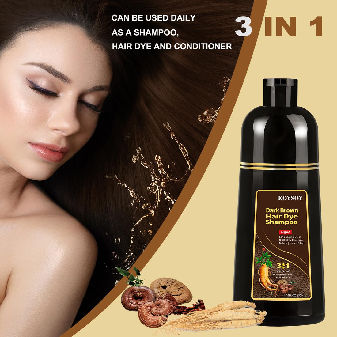 KOYSOY Dark Brown Hair Dye Shampoo 3 in 1,100% Covers Gray Hair,Hair Color Shampoo Can Avoid Going to the Salon to Dye Your Hair,Convenient and Effective Shampoo Hair Dye(500mL,17.6 Fl Oz)(Dark Brown)