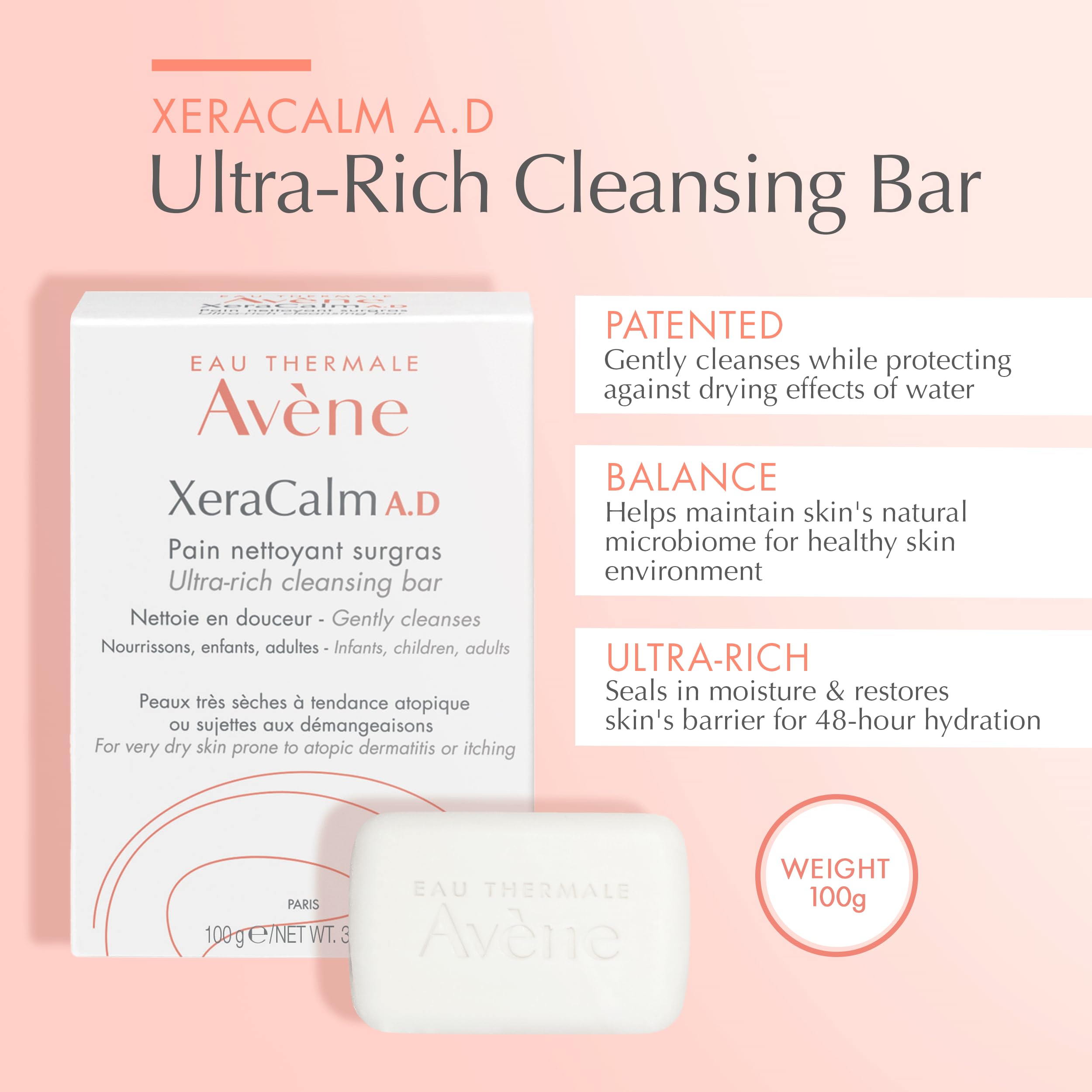 Eau Thermale Avene Xercalm A.D Ultra-Rich Cleansing Bar for Atopic Dermatitis, Eczema Prone Skin, Fragrance-Free, 100 g