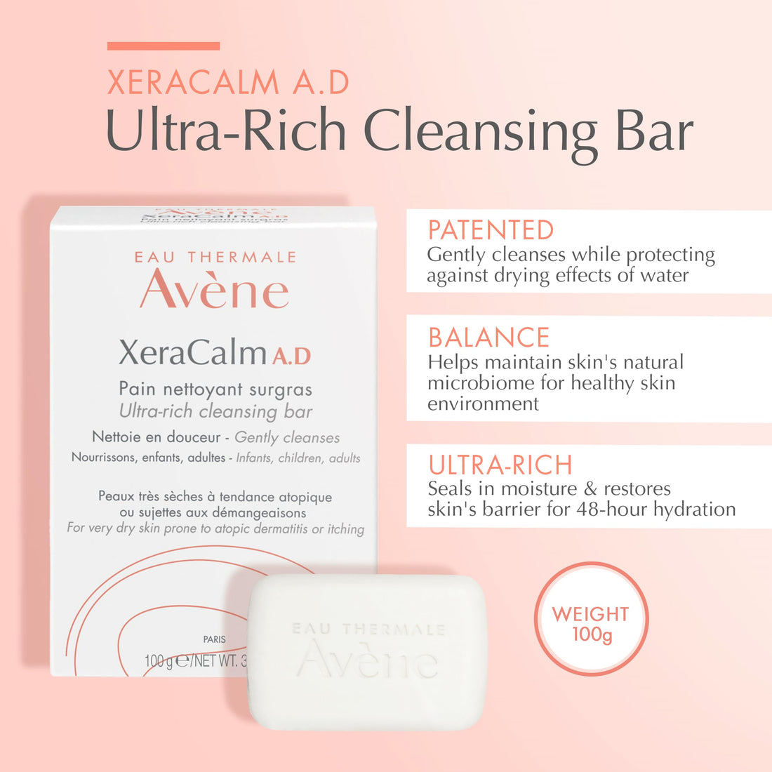 Eau Thermale Avene Xercalm A.D Ultra-Rich Cleansing Bar for Atopic Dermatitis, Eczema Prone Skin, Fragrance-Free, 100 g