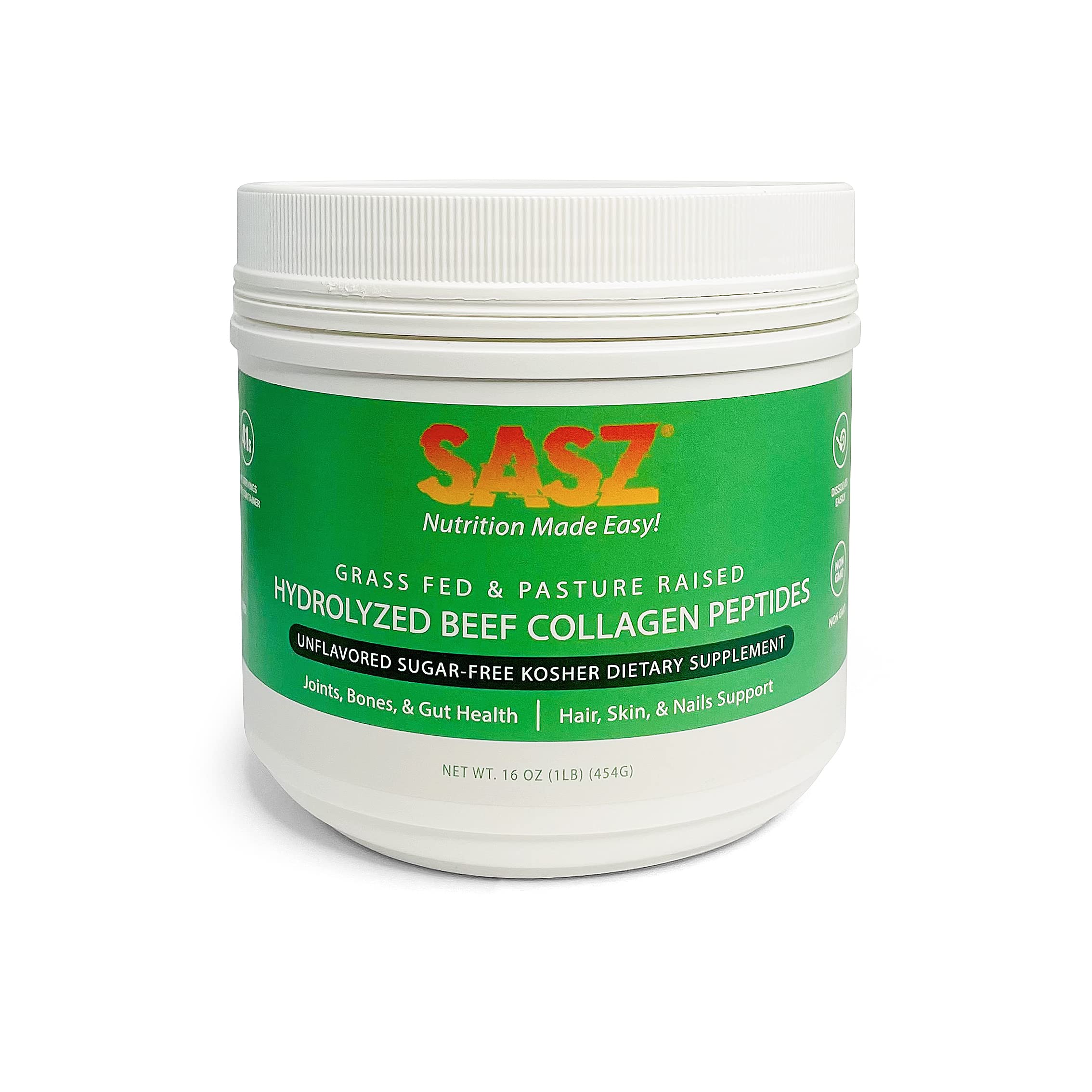 SASZ Hydrolyzed Bovine Collagen Peptides Powder 1lb Jar Clean Collagen Unflavored Grass-Fed Non-GMO Kosher Highly Soluble Protein