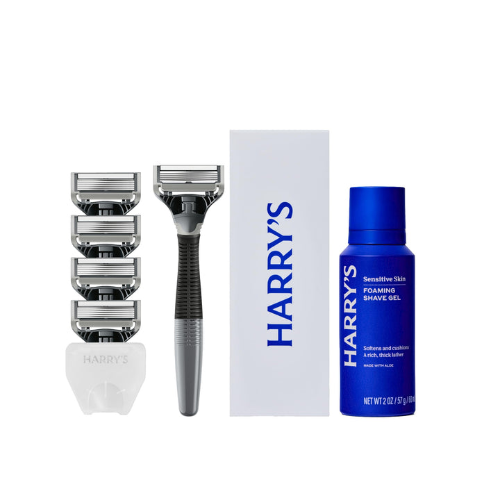 Harry's Shaving Kit for Men - Razor Handle, 5 Razor Blade Refills, Foaming Shave Gel, and Travel Blade Cover - Charcoal
