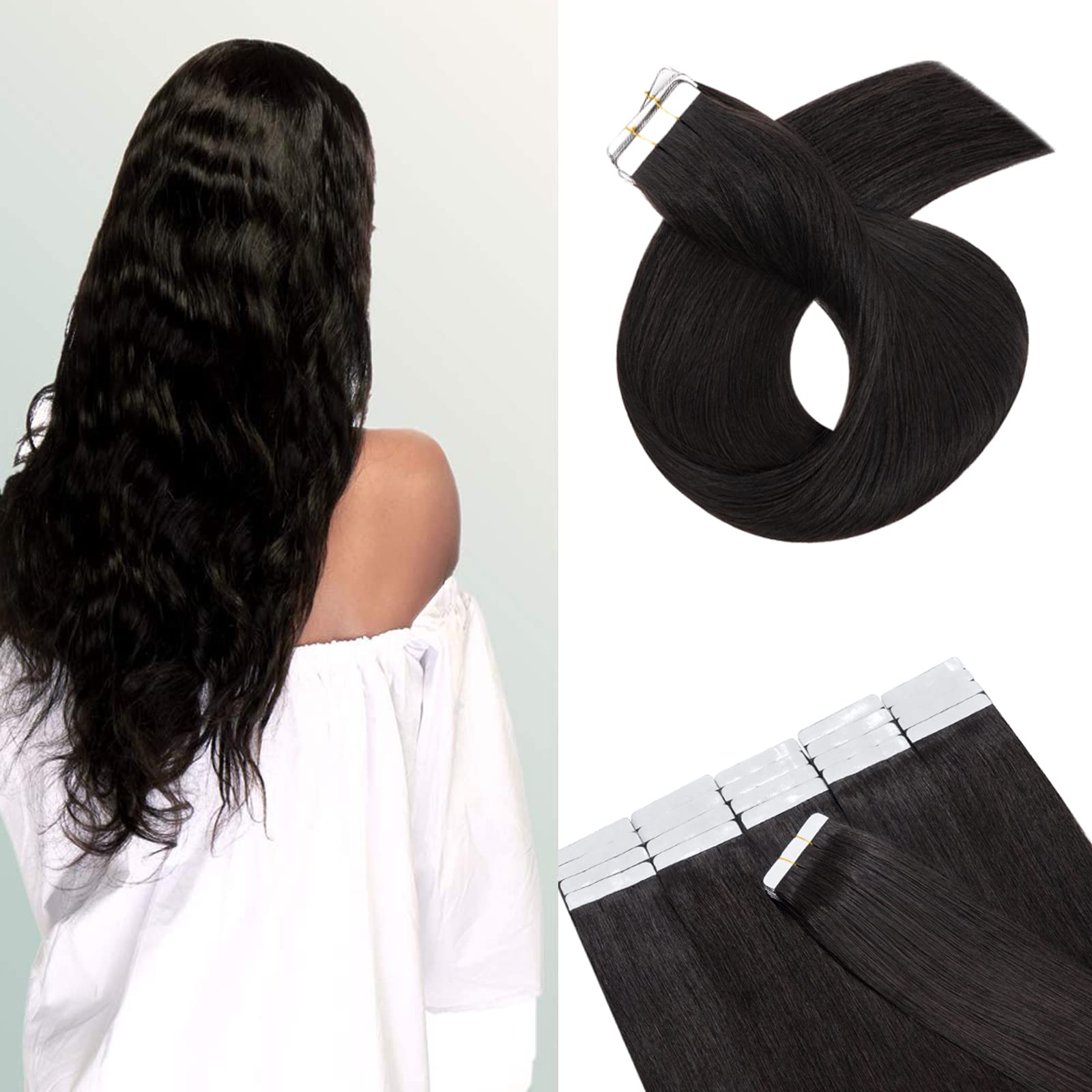Hairro Tape in Hair Extensions 22 Inch Long Straight Human Hair #1B Natural Black 30g Thin Seamless Skin Weft Glue in Human Hairpieces 20pcs/pack for Women