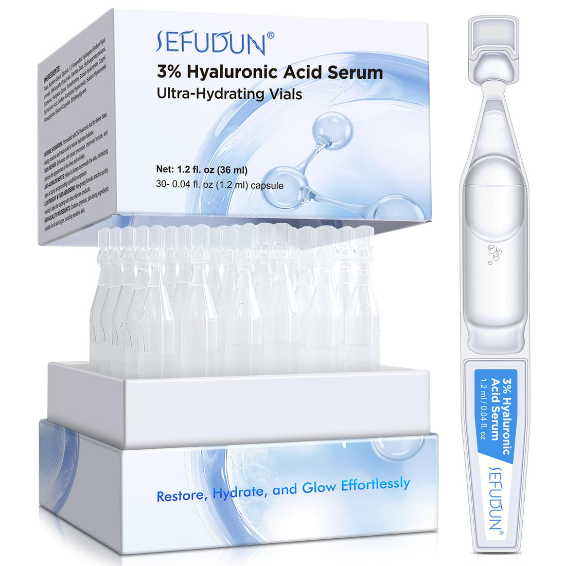 3% Hyaluronic Acid Serum, 30pcs Ultra Hydrating Serum for Face, Anti-Aging Vials Skincare for Boosting Moisture