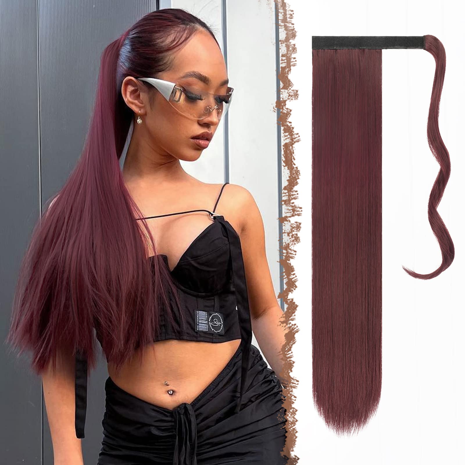FESHFEN Straight Ponytail Extensions 28 Inch Long Wrap Around Synthetic Hair Piece Clip in Ponytail Hair Extensions Hairpiece for Women Girls 150g