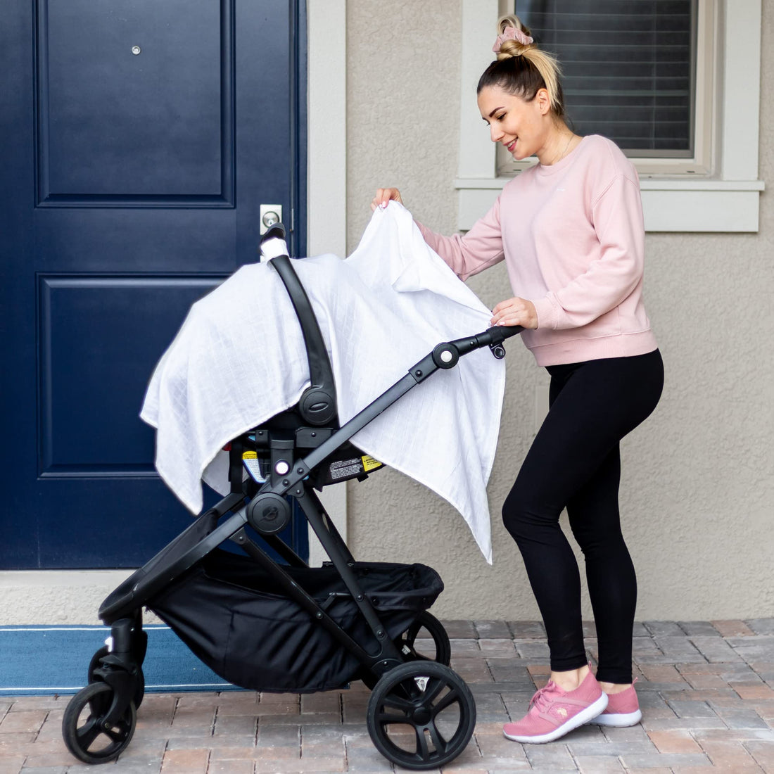 100% Organic Cotton Muslin Car Seat Cover for Babies - Lightweight, Breathable Infant Car Seat Canopy to Protect from Sunlight and Dust - Fits Any Infant Car Seats - 44x30 (White)
